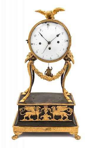 An Empire Gilt and Patinated Bronze Mantel Clock Height 16 inches.