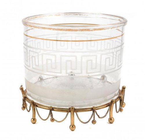 An Etched Glass and Brass Wine Cooler Height 12 1/4 inches.