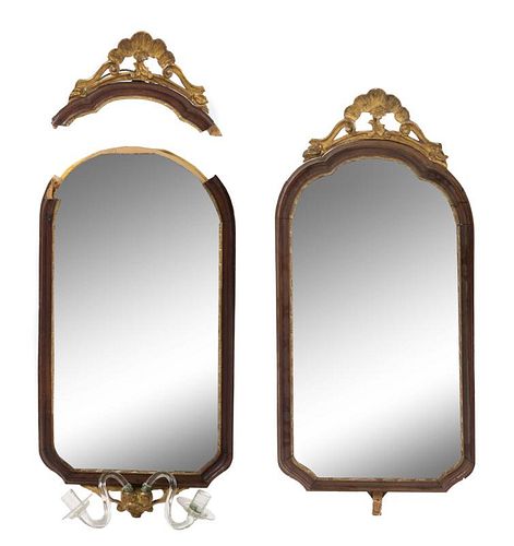 A Pair of Italian Parcel Gilt Walnut Girandole Mirrors Height 35 1/2 x width 16 1/8 inches.