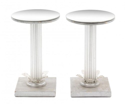 A Pair of Silvered Wood and Glass Pedestal Tables Height 23 x diameter of top 15 inches.