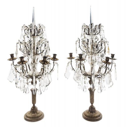 A Pair of Continental Brass and Glass Candelabra Height 26 inches.