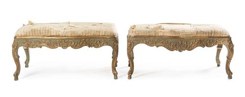 A Pair of Italian Painted Benches Height 14 1/2 x width 32 x depth 17 inches.