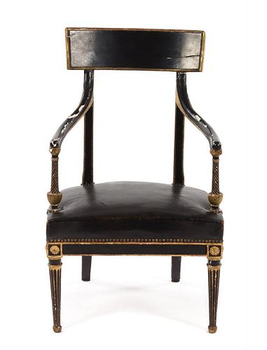 An Italian Painted and Parcel Gilt Armchair Height 34 1/2 inches.