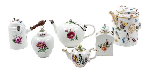 A Group of Meissen Porcelain Articles Height of chocolate pot 6 1/8 inches.