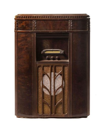 An American Mahogany Radio Cabinet Height 41 1/2 x width 30 3/8 x depth 18 inches.