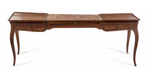 A Louis XV Style Oak and Marble Table Height 24 x width 64 1/2 x depth 19 1/2 inches.