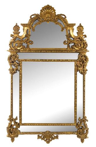 A Regence Style Giltwood Mirror Height 67 3/4 x width 40 1/4 inches.