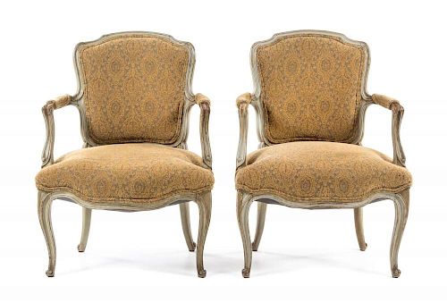 A Pair of Louis XV Painted Beechwood Fauteuils en Cabriolet Height 33 inches.