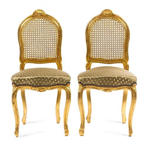 A Pair of Louis XV Style Giltwood Side Chairs Height 35 5/8 inches.