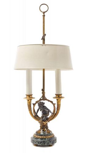 A French Gilt, Patinated Bronze and Marble Two-Light Lamp Height overall 21 1/2 inches.