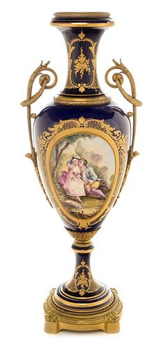 A Sevres Style Gilt Metal Mounted Porcelain Urn Height 22 inches.