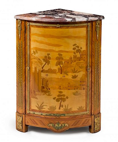 A Louis XVI Style Gilt Bronze Mounted Marquetry Encoignure Height 37 x width 18 x depth 18 inches.