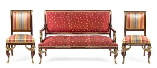 An Empire Style Gilt Bronze Mounted Mahogany Salon Suite Height of settee 41 1/2 x width 59 1/8 x depth 24 1/2 inches.