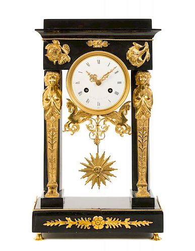 An Empire Gilt Bronze Mounted Marble Mantel Clock Height 16 7/8 inches.