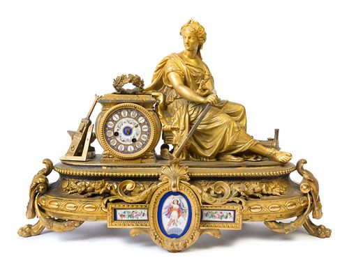 A Napoleon III Porcelain Mounted Gilt Bronze Figural Mantel Clock Height 31 inches.