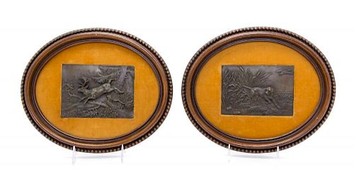 A Pair of Bronze Plaques Height 3 3/4 x width 5 3/8 inches (visible).