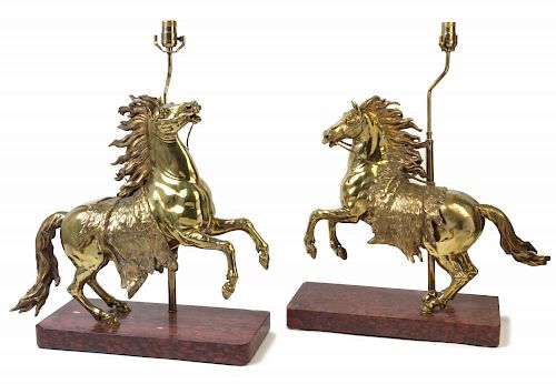 A Pair of Gilt Bronze Horses Height overall 28 inches.