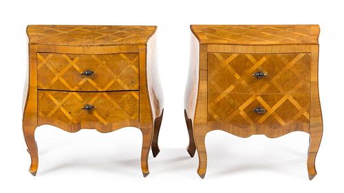 A Pair of Italian Parquetry Diminutive Commodes Height 19 3/4 x width 20 x depth 10 3/4 inches.