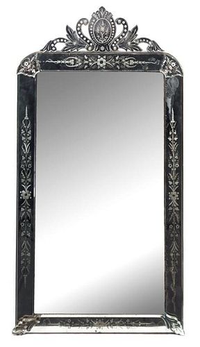A Venetian Etched Glass Mirror Height 63 x width 32 3/4 inches.