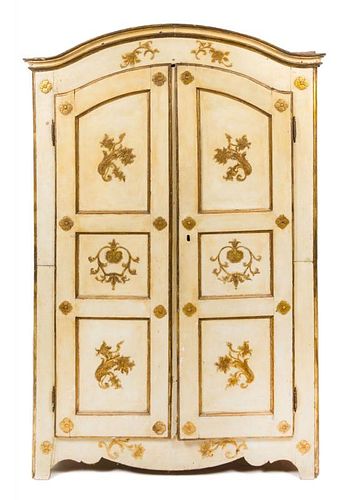 A Venetian Painted Armoire Height 82 x width 54 x depth 22 inches.