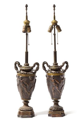 A Pair of Neoclassical Style Bronze Lamps Height overall 36 1/4 inches.