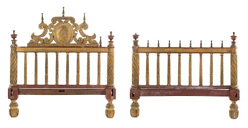 A Spanish Colonial Style Painted and Parcel Gilt Bed Height 51 1/4 x width 62 inches.