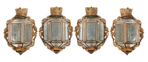 A Set of Four Spanish Baroque Style Gilt Tole Wall Lanterns Height 19 x width 14 1/4 inches.