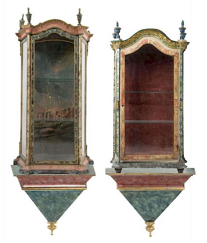 Two Portuguese Faux Marble Painted and Partial Gilt Display Cabinets Height of tallest 67 x width 26 x depth 15 1/2 inches.