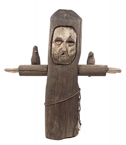 A Carved Wood Figure of Saint Francis Height 57 x width 54 x depth 15 inches.