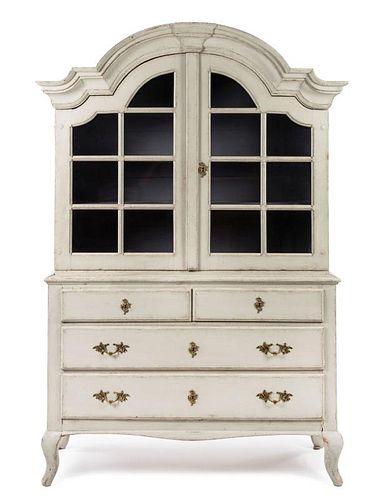 A Gustavian Style White Painted Bookcase Height 84 x width 54 3/8 x depth 17 1/8 inches.