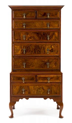 A George I Style Burlwood Chest on Chest Height 56 1/8 x width 27 1/2 x depth 17 7/8 inches.