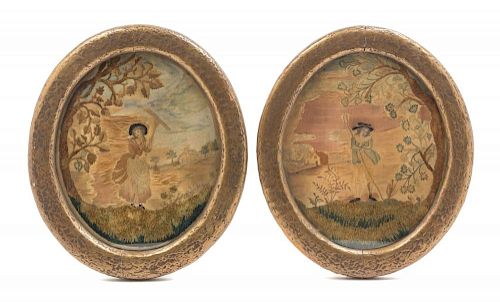 A Pair of Georgian Silk Embroideries Height 10 1/2 x width 8 1/2 inches.