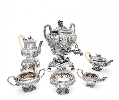 A George IV Silver Six-Piece Tea and Coffee Service, John Edward Terrey & Co., London, 1821-27, comprising a hot water kettle