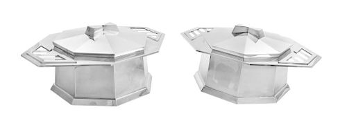 A Pair of Frank Lloyd Wright Designed Silver Tureens, Pampaloni Argenti, Florence for Tiffany & Co., each having a paneled oc