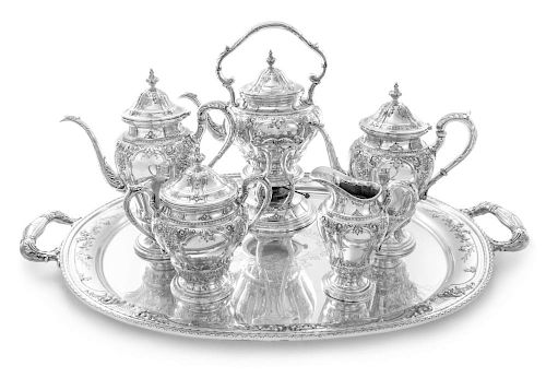 An American Silver Six-Piece Tea and Coffee Service, Dominick & Haff for Reed & Barton, Taunton, MA, 1935-1937, Old English A