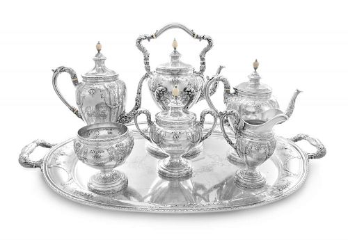 An American Silver Seven-Piece Tea and Coffee Service, Dominick & Haff, New York, NY, comprising a water kettle on stand, tea