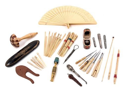 A Collection of Needlework Tools Length of spectacle case 6 5/8 inches.