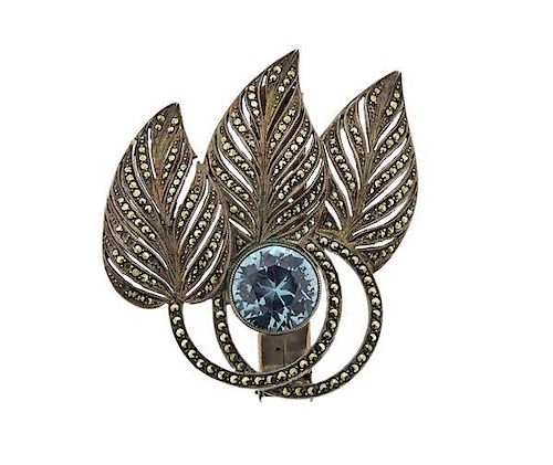 1920s German Sterling Marcasite Blue Stone Clip