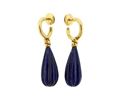 Antique 18K Gold Carved Blue Stone Earrings
