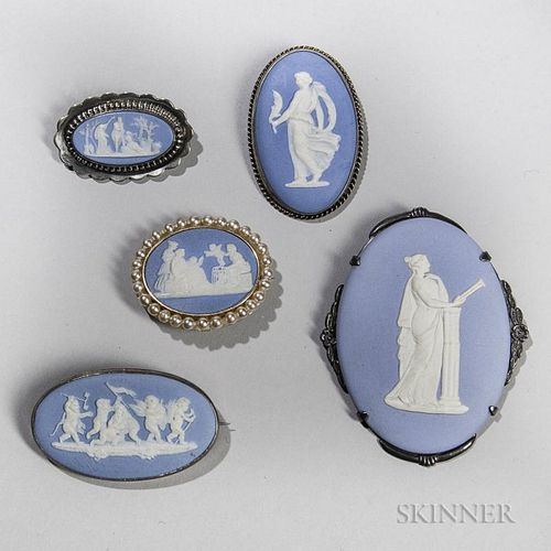 Five Solid Light Blue Jasper Mounted Brooches