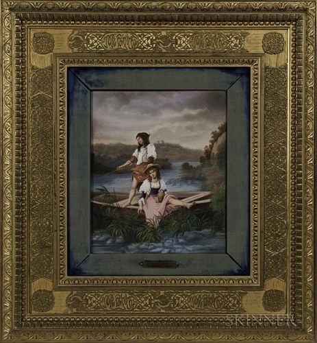 Continental Porcelain Plaque of Women in a Boat