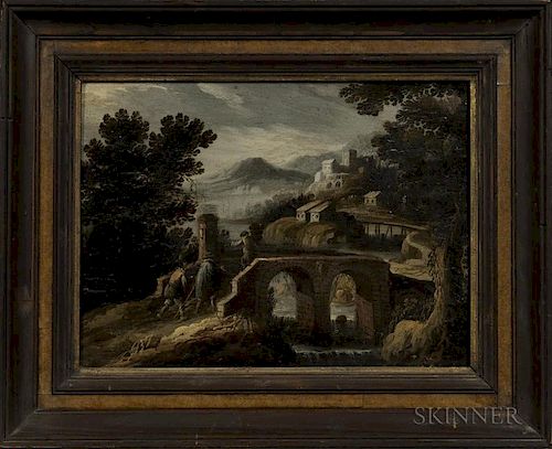 Flemish School, 17th Century Style      Italianate Landscape with Travelers Approaching a Bridge