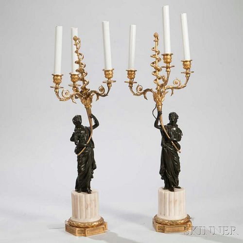Pair of Gilt and Patinated Bronze Three-light Figural Candelabra