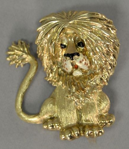 Martine 14K lion pin, enameled face and eyes, marked Martine, lg. 1 3/4" x 1 1/2". 28.6 grams