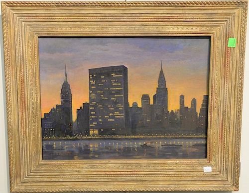 Caryl Harris (b. 1884), oil on board, New York Night Cityscape, signed lower left: Caryl Harris, in Newcomb Macklin frame, 16