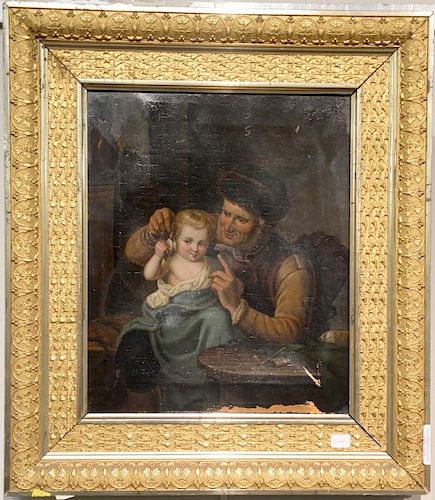 19th Century oil on canvas, Father Holding a Child Listening to a Pocket Watch, in Victorian gilt frame, with old paper label