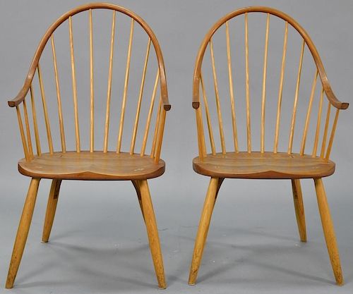 Pair of Thomas Moser cherry Windsor style armchairs, signed on bottom and dated 1998 & 1997.