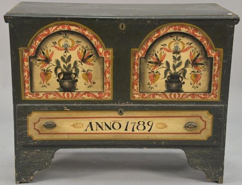 Lift top blanket chest with drawer on cut out bracket base, late 18th to early 19th century (repainted). ht. 33in., wd. 42in.