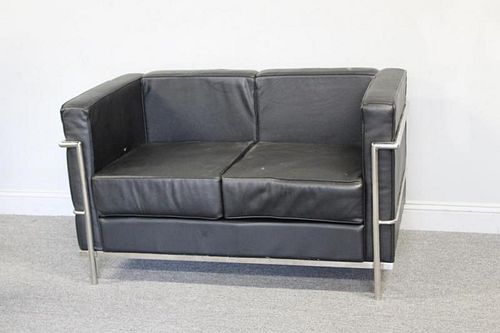 Corbusier Style Black Leather Settee.