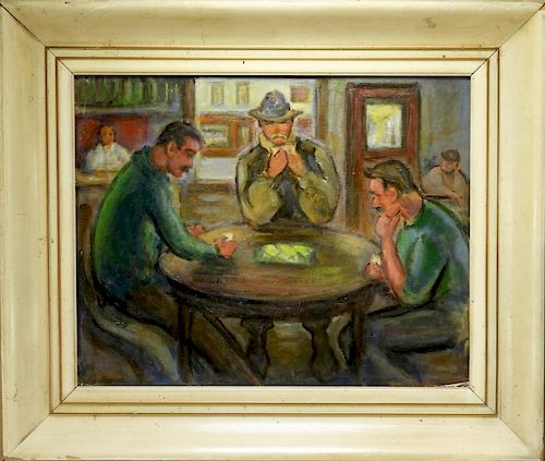 American Social Realist Cafe Gamblers Painting